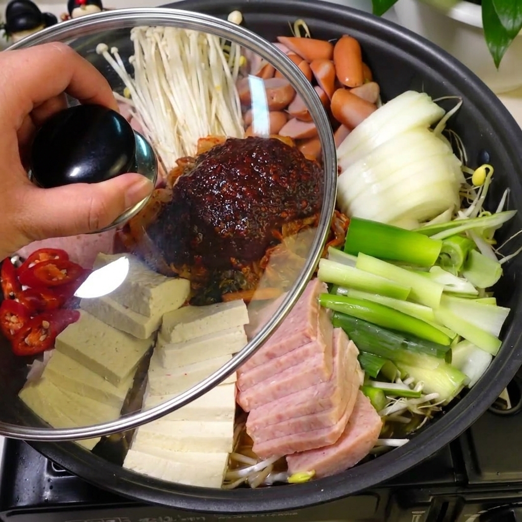 끓는 찌개 중앙에 라면 사리를 넣는 모습.