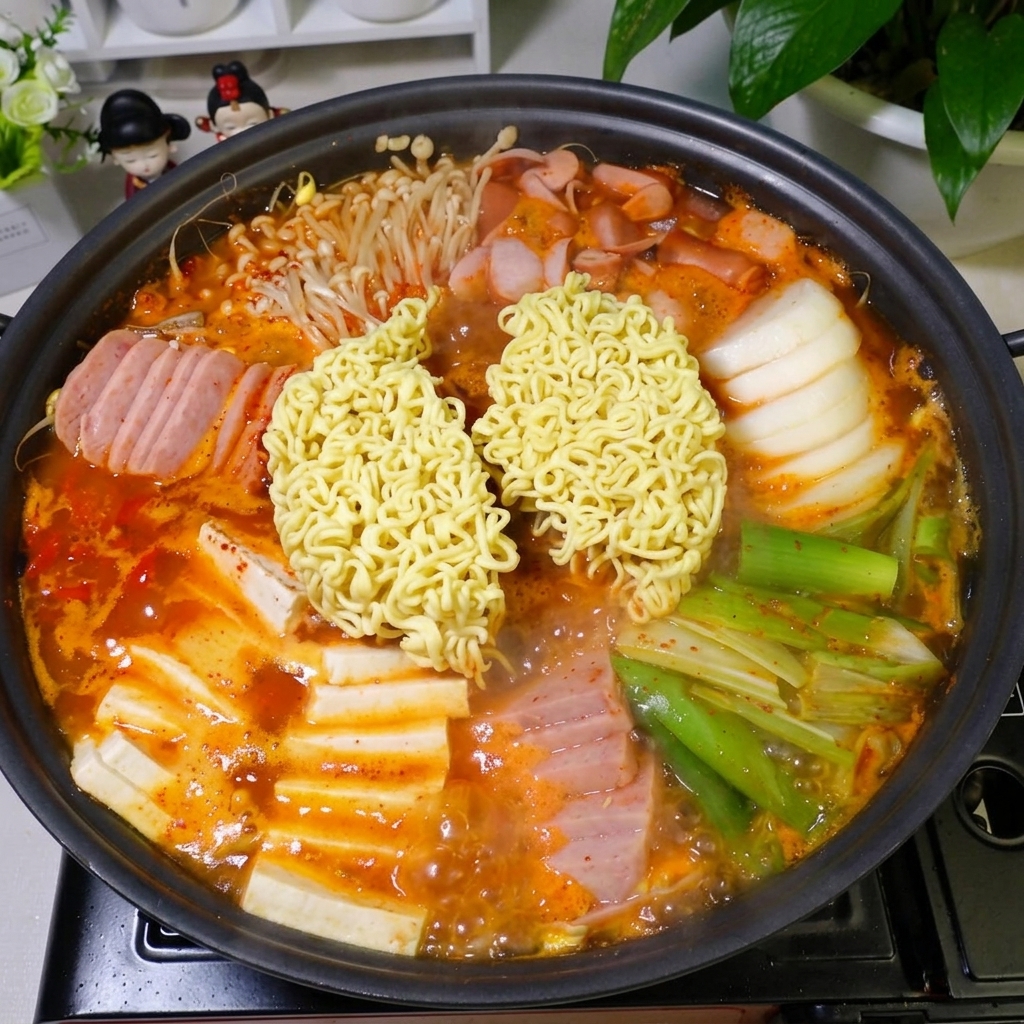 라면 위에 슬라이스 치즈가 녹고 있는 모습.