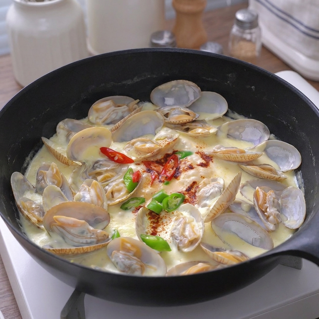 팬 위의 요리에 설탕과 후추를 살짝 뿌려 간을 하는 모습.