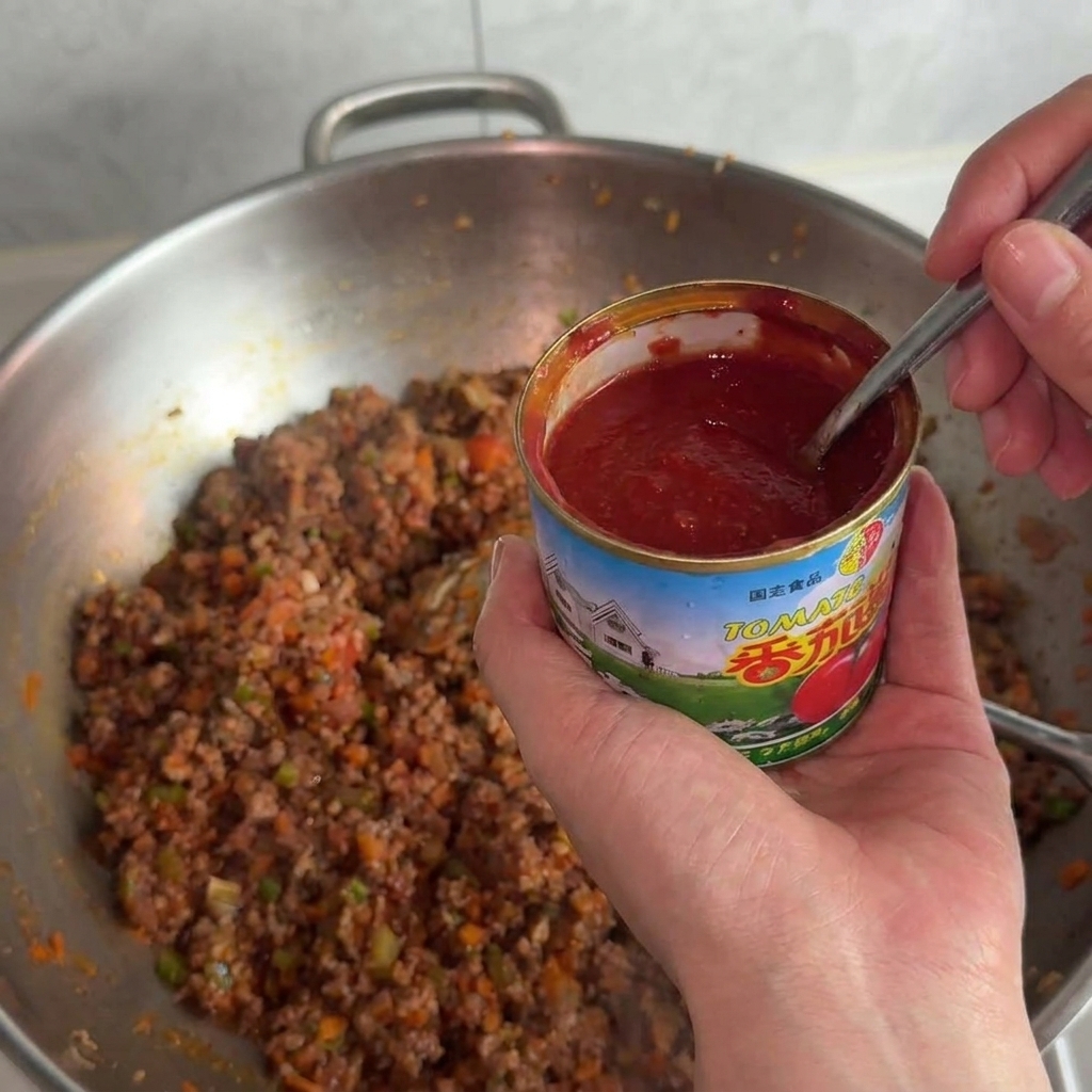 한 손에는 토마토 페이스트 캔을 들고 스푼으로 고기 소스에 페이스트를 넣는 모습.