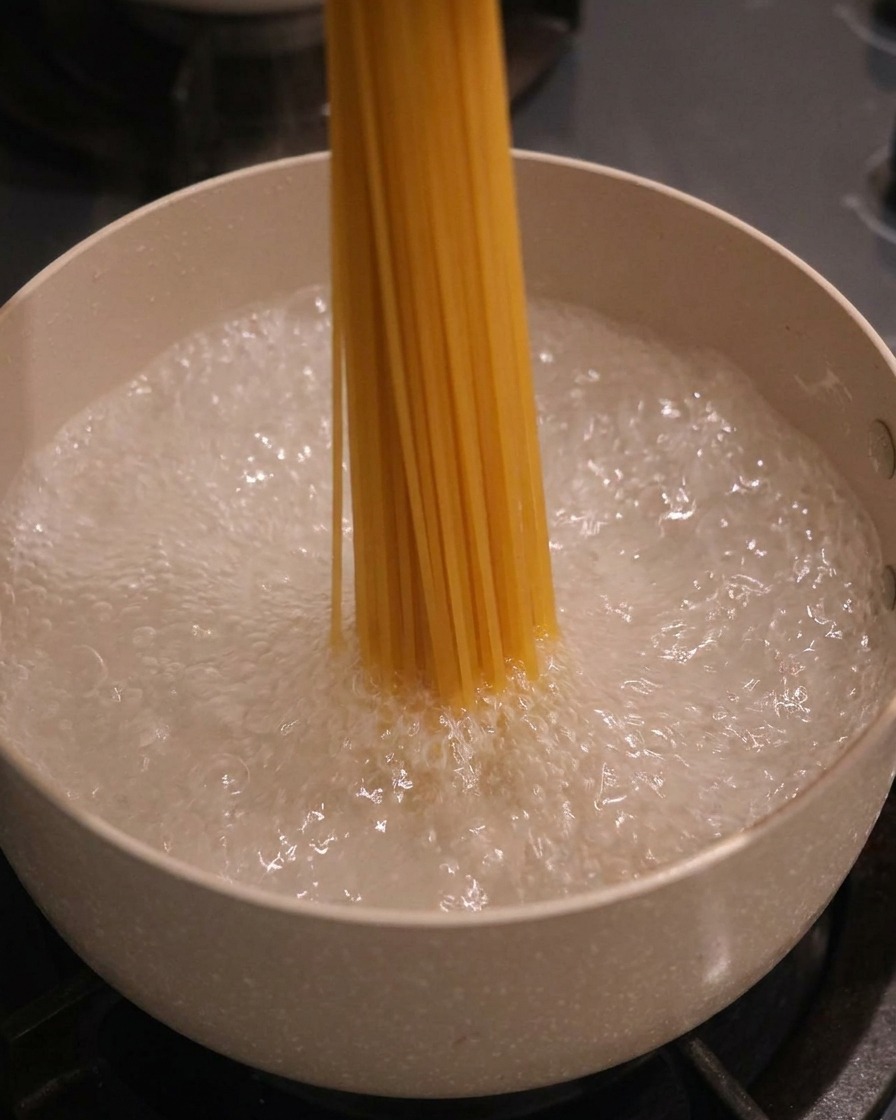 끓는 물이 담긴 냄비에 스파게티면을 넣는 모습