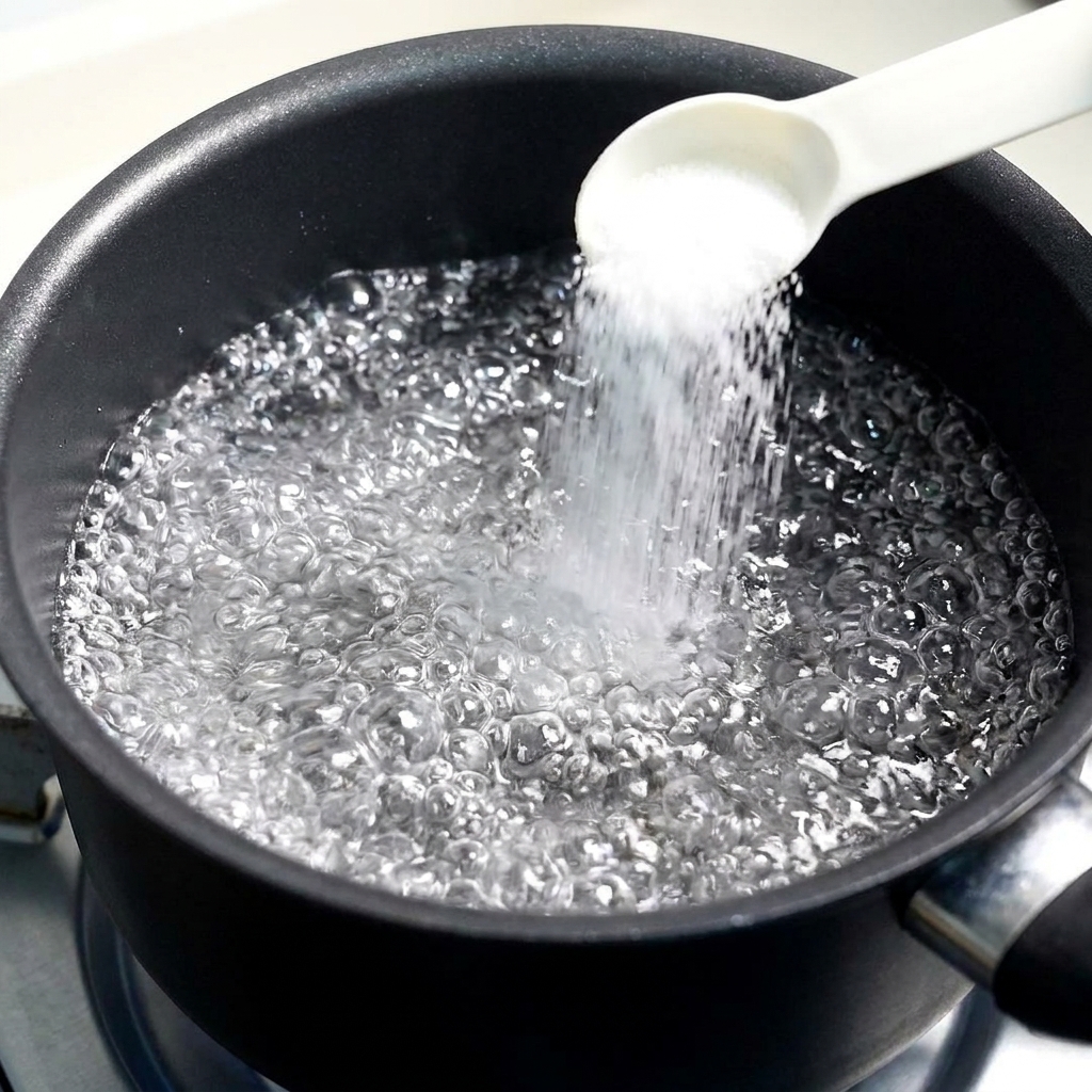 팔팔 끓는 물에 소금을 넣고 마카로니를 삶는 모습