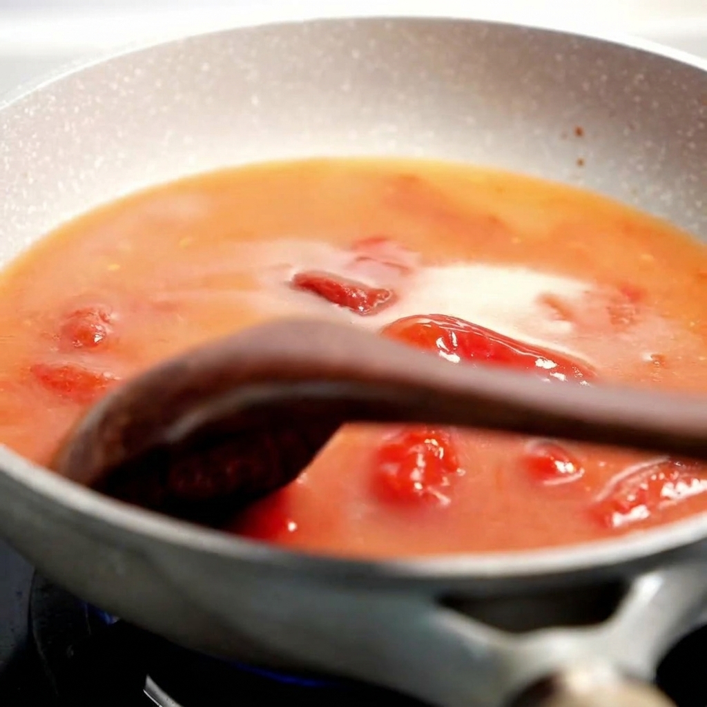 주걱으로 토마토 덩어리를 으깨며 소스를 끓이는 모습