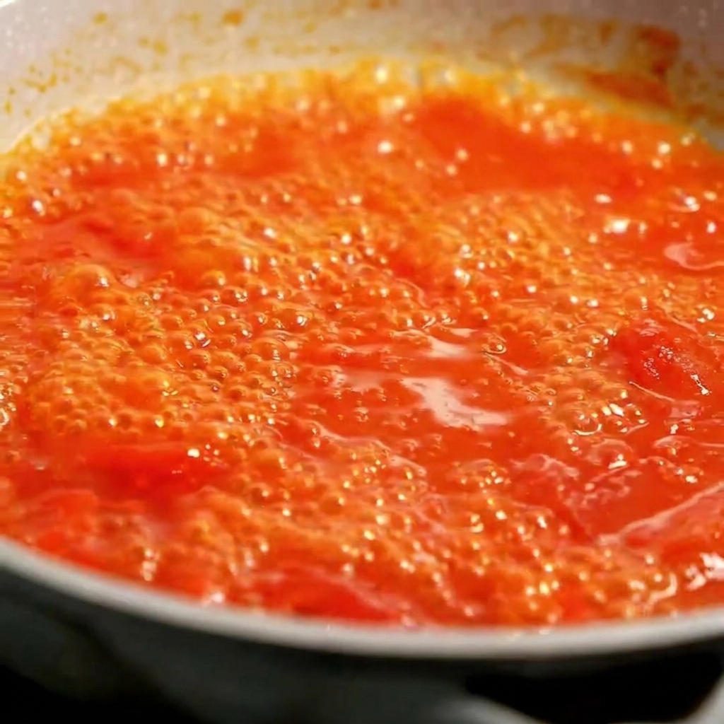 진하게 졸아든 토마토 소스가 보글보글 끓는 클로즈업 샷