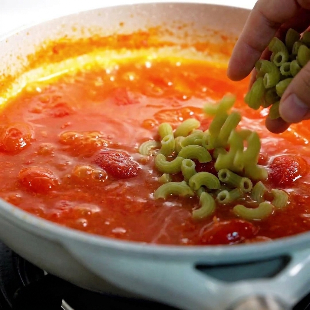토마토 소스에 마카로니를 넣고 버무리는 장면