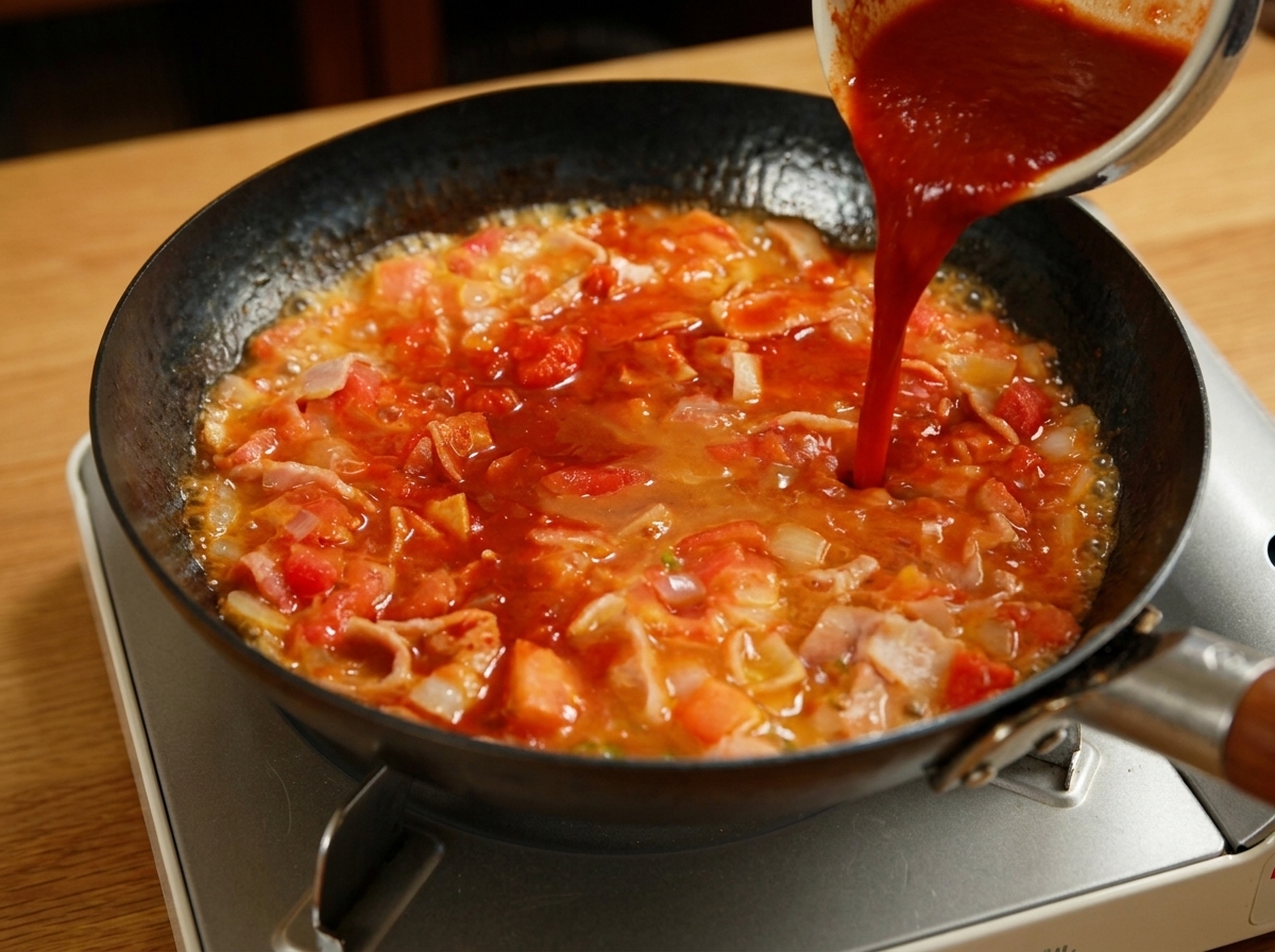 토마토, 양파, 베이컨이 지글거리는 팬에 준비한 빨간 양념장을 붓는 모습.