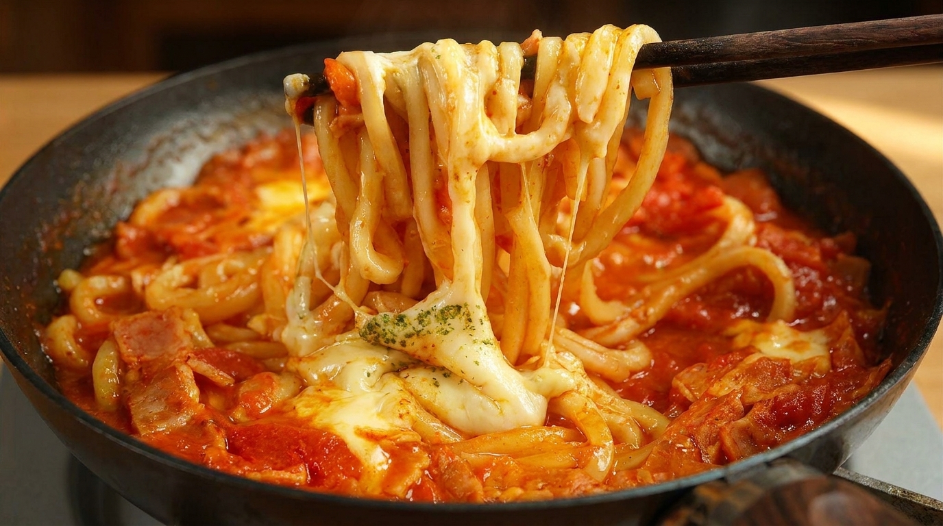 매콤 고소한 치즈 토마토 우동과 바삭한 베이컨
