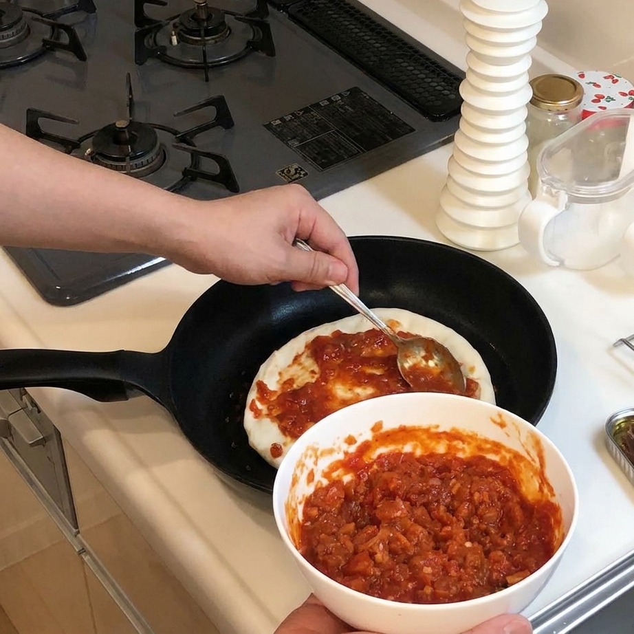금속 숟가락으로 팬에 담긴 생 피자 도우 위에 새빨간 토마토소스를 펴 바르는 모습.
