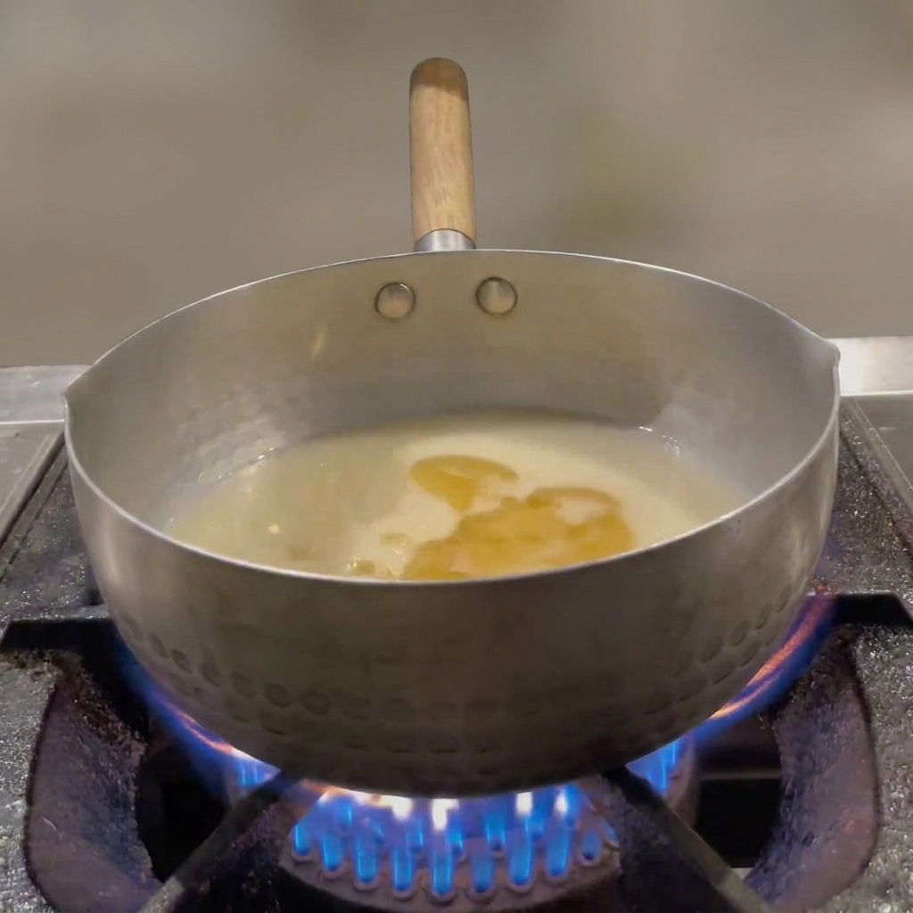 끓는 소스에 전분물을 붓고 있는 모습.