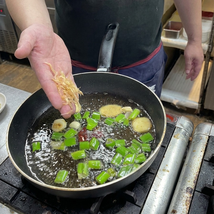 지글지글 끓는 채소 기름 위에 말린 새우를 뿌리는 모습