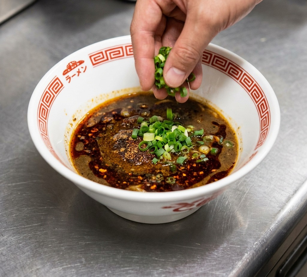 맑은 황금빛 닭 육수를 국자로 부어 타레 소스와 섞이며 진한 갈색 국물이 만들어지는 과정.
