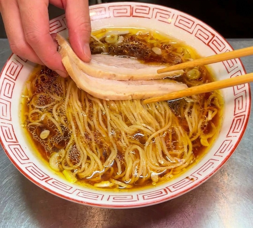 라멘 그릇 왼쪽에 선명한 초록색의 데친 시금치를 가지런히 얹은 모습.