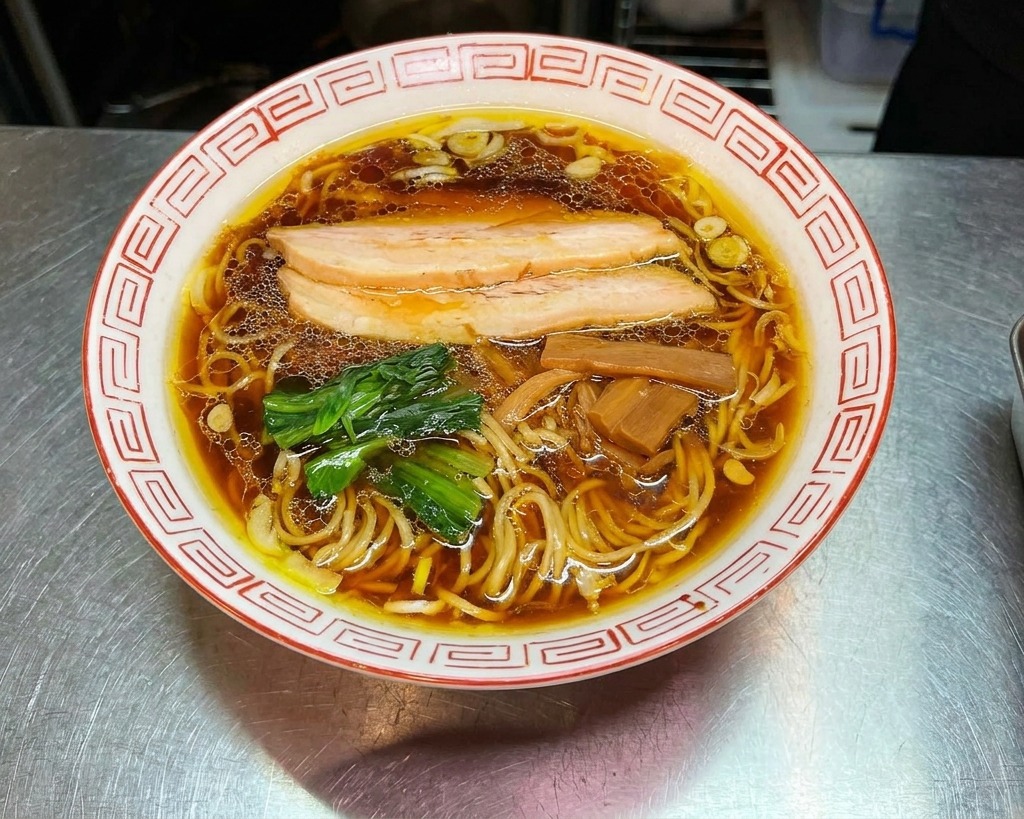 김이 나는 라멘 그릇 옆면에 바삭한 김 한 장을 꽂는 손.