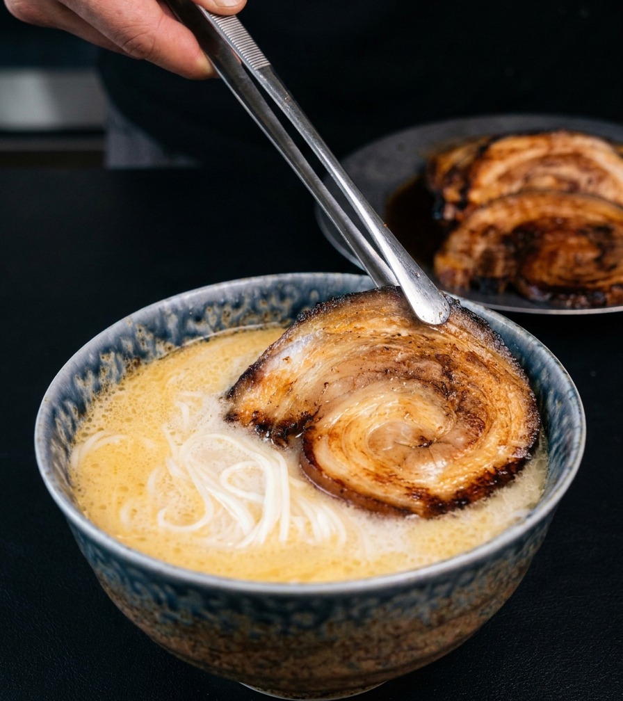집게로 구운 차슈 한 점을 라멘 그릇에 담는 모습.