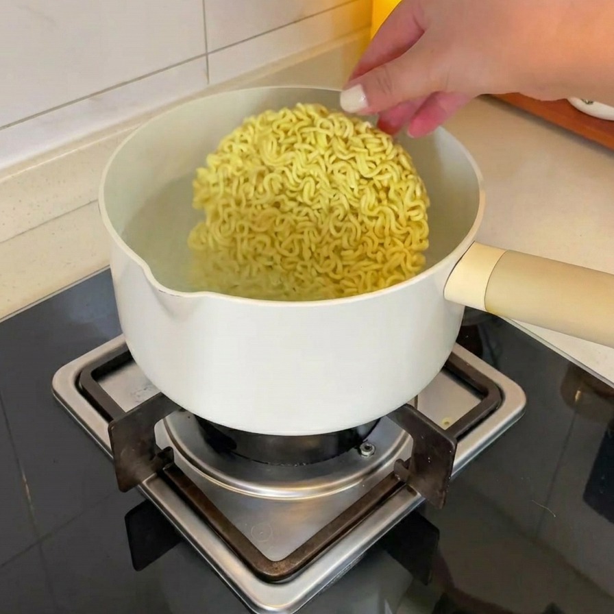 가스레인지 위 끓는 물이 담긴 냄비에 꼬불꼬불한 라면 사리를 넣는 모습.
