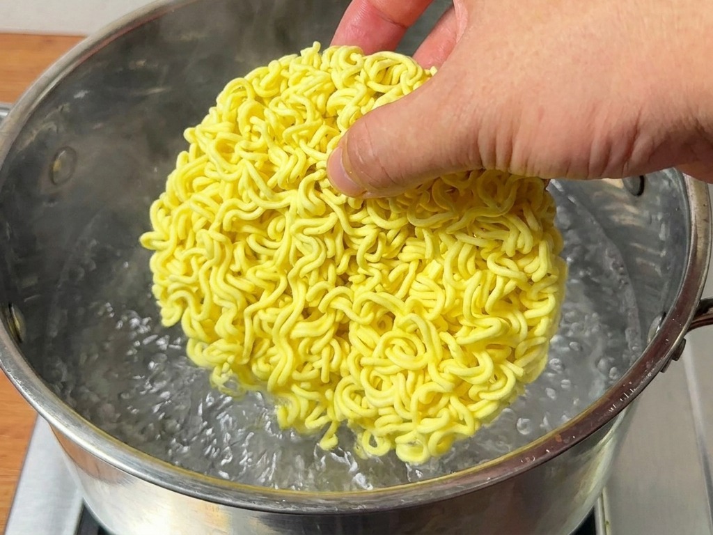 끓는 물 속으로 노란 인스턴트 라면 사리를 넣고 있는 모습.