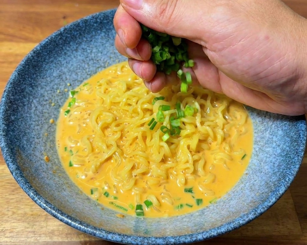 라면 위에 잘게 썬 신선한 대파를 한 줌 듬뿍 뿌리고 있는 모습.