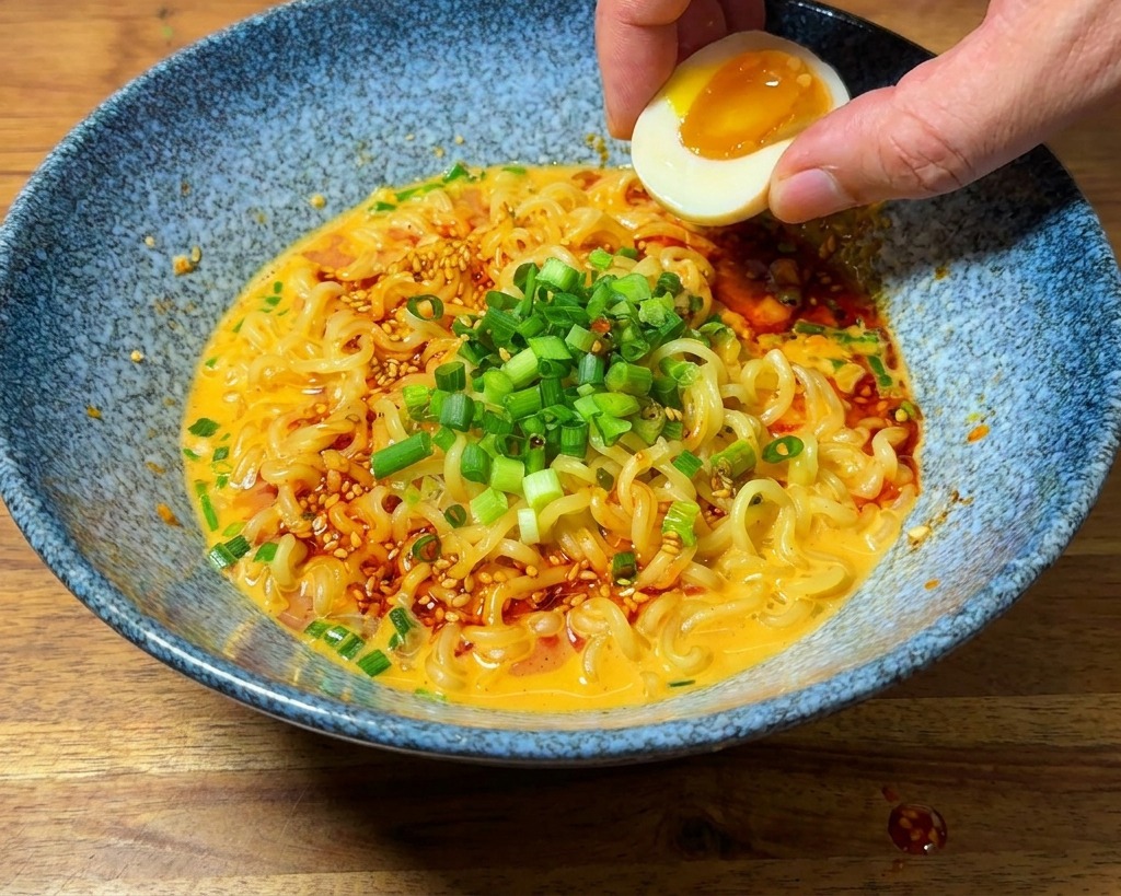 노른자가 흐르는 반숙란 절반을 조심스럽게 라면 위에 올리는 모습.