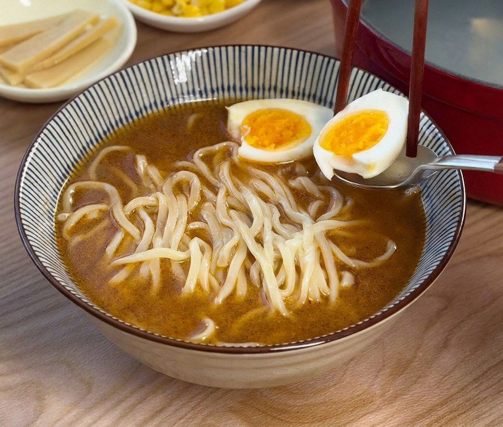노른자가 선명한 반숙란 반쪽 두 개를 라멘 위에 올리는 모습