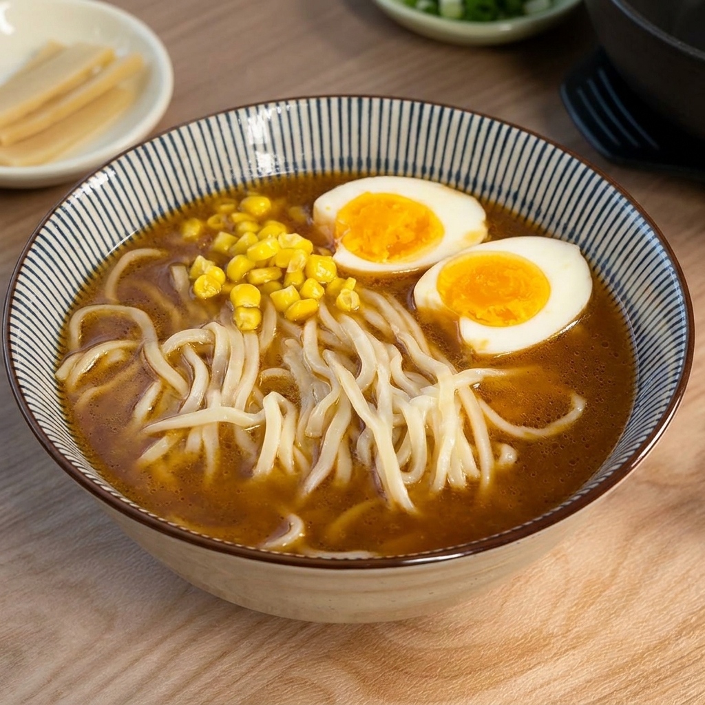 라멘 한쪽에 노란 옥수수 알을 올리는 모습