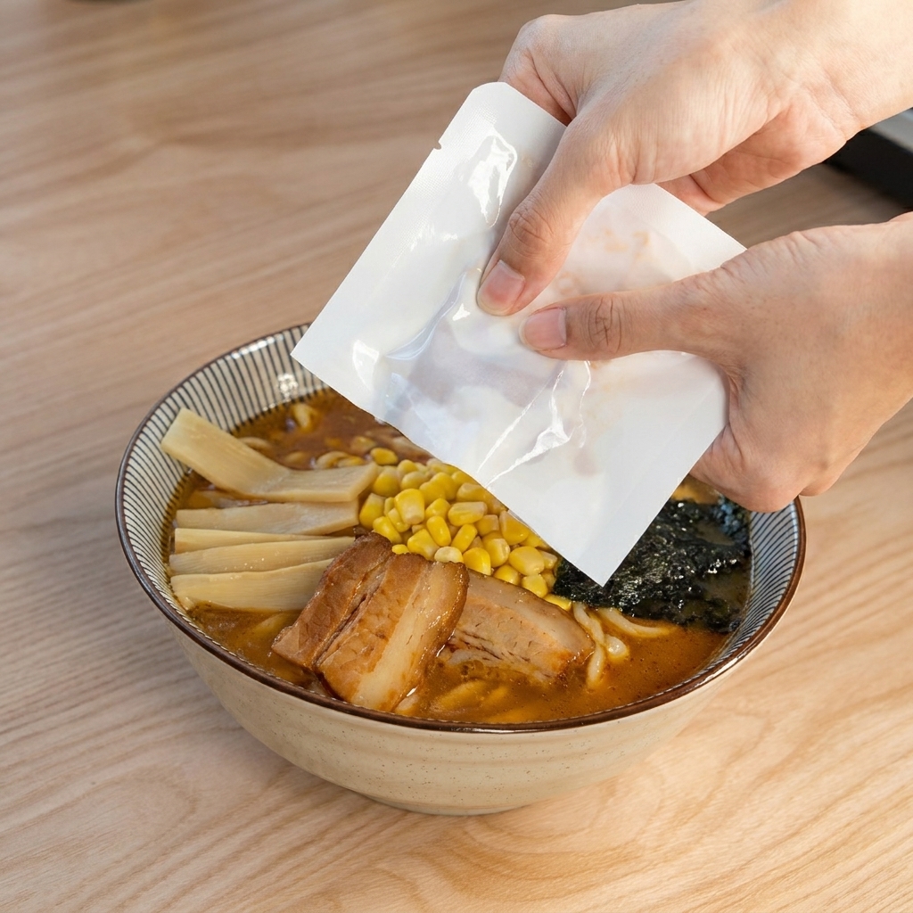 따뜻하게 데워진 차슈를 라멘 위에 올리는 장면