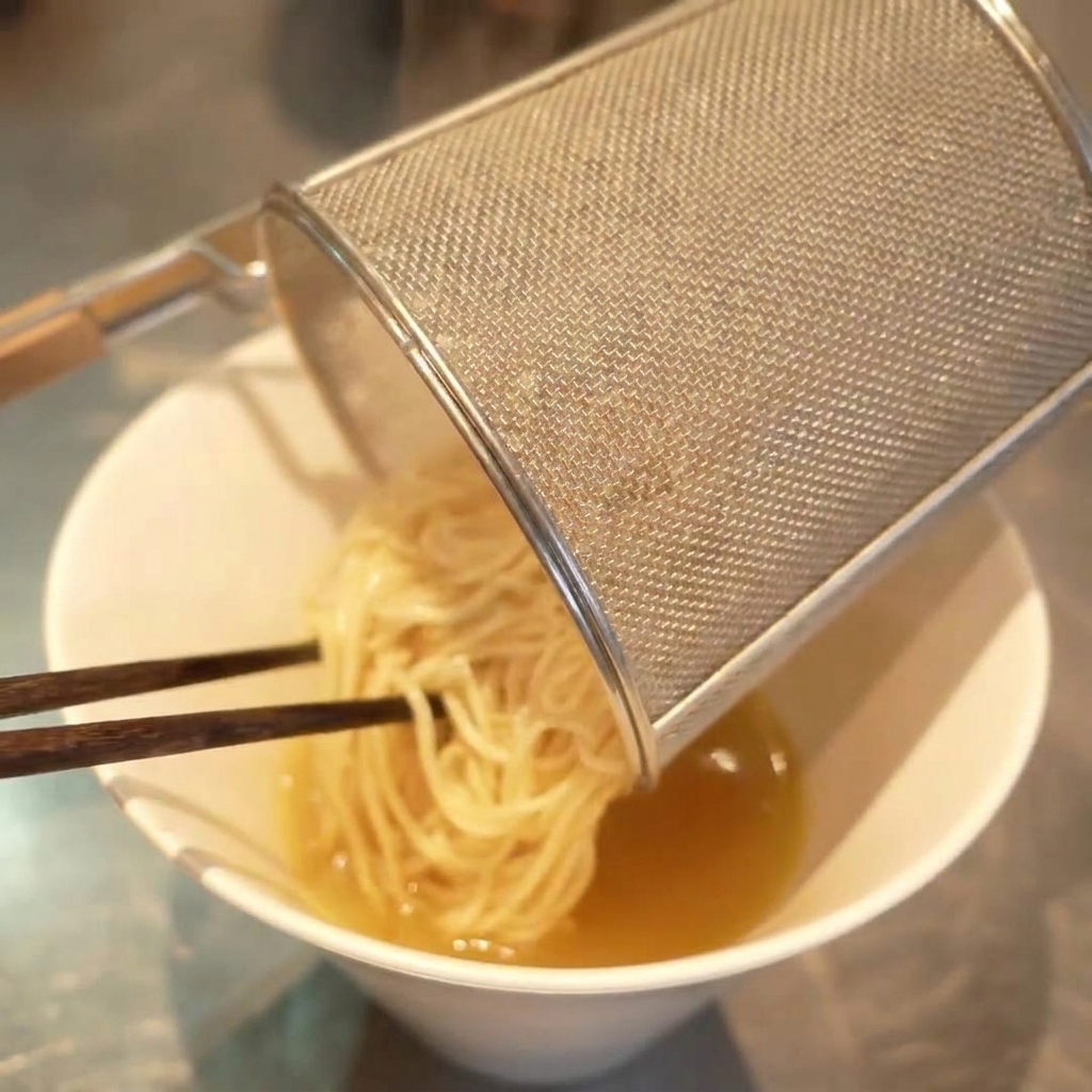 채망에 담긴 라멘 면을 육수가 들어있는 흰 그릇에 부드럽게 옮겨 담는 모습.