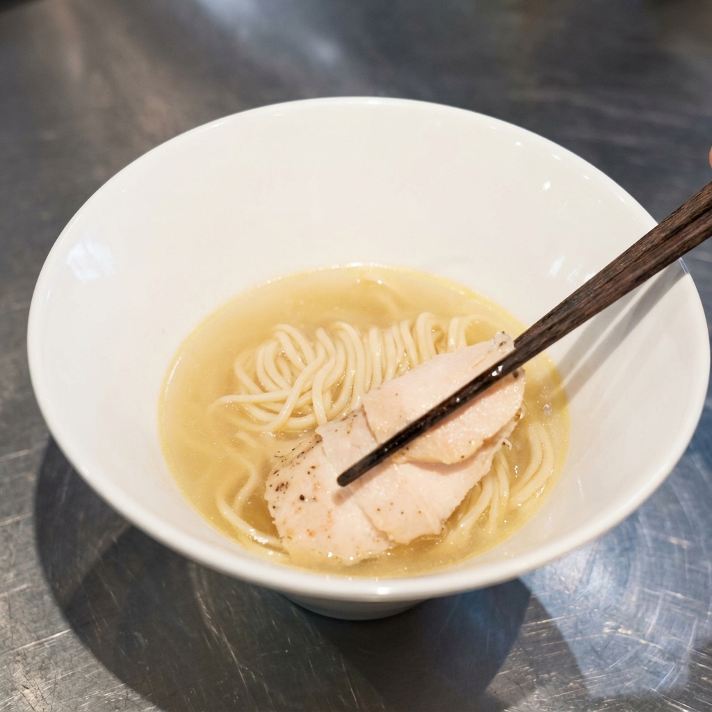 라멘 면 위에 얇게 썬 닭가슴살 차슈를 젓가락으로 정성스럽게 올리는 모습.