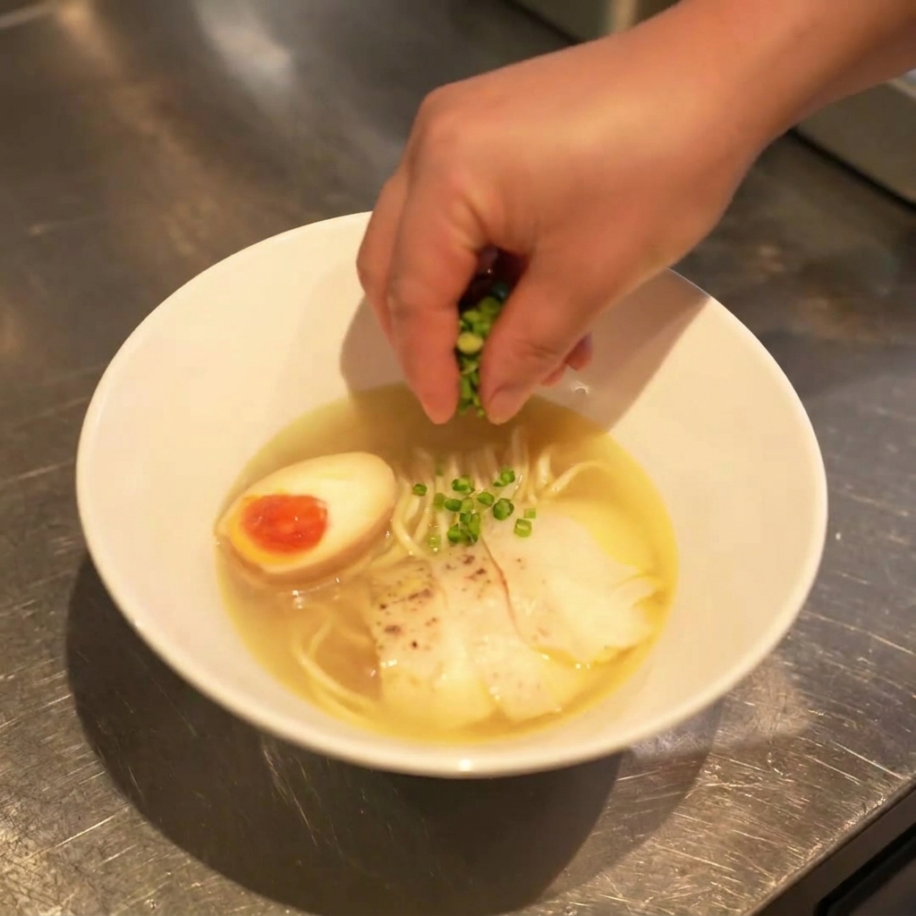 치킨 시오 라멘 위에 잘게 썬 파를 뿌리는 근접 촬영 사진.