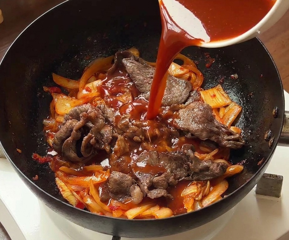 소고기, 양파, 김치가 담긴 웍에 빨간 양념장을 붓는 모습.
