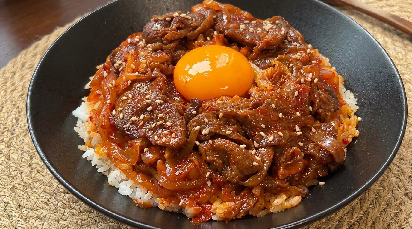 윤기가 흐르는 김치 소고기 볶음 위에 고소한 노른자와 참깨를 곁들인 먹음직스러운 덮밥 한 그릇.