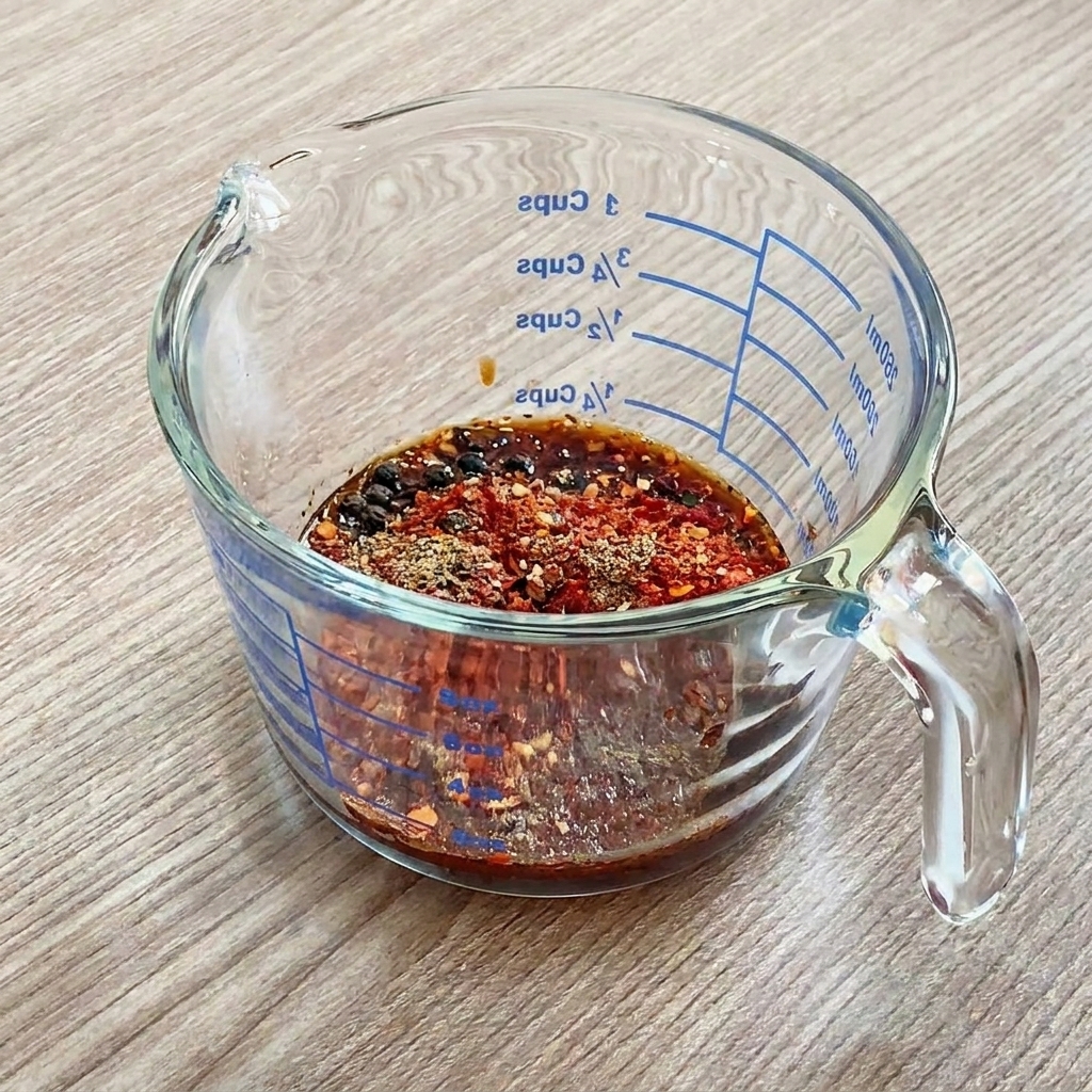 고춧가루, 후추, 간장, 고추장이 담긴 유리 계량컵.