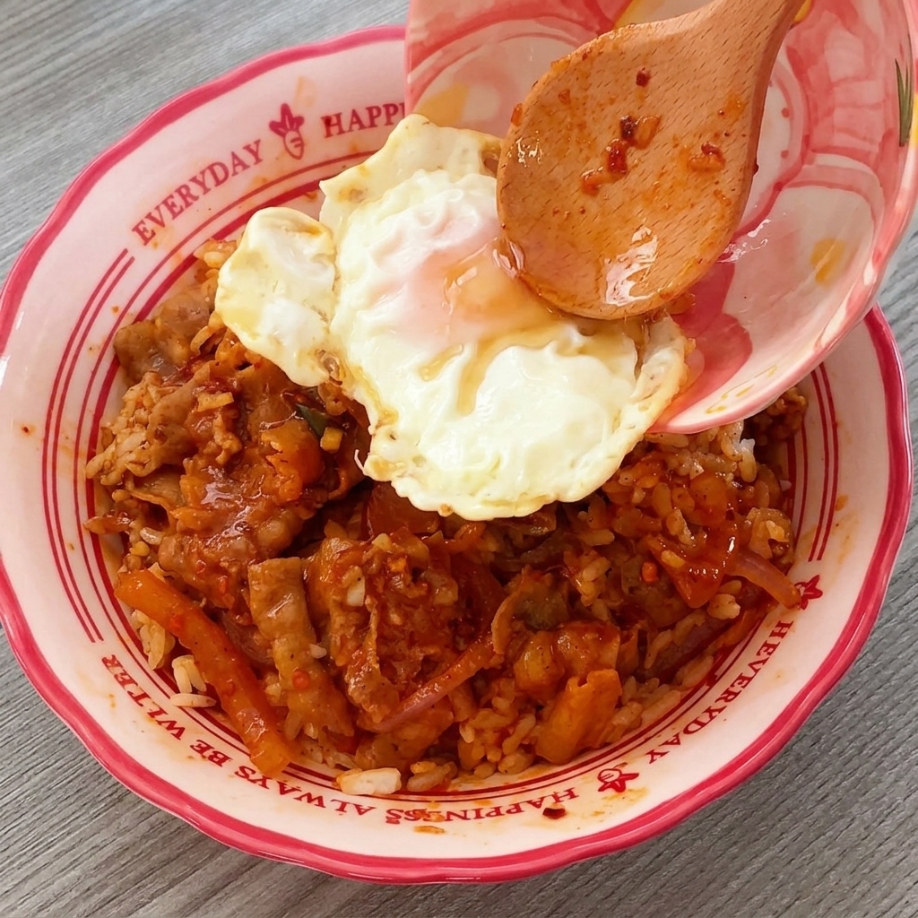 덮밥 위에 반숙 달걀 프라이를 조심스럽게 올리는 모습.