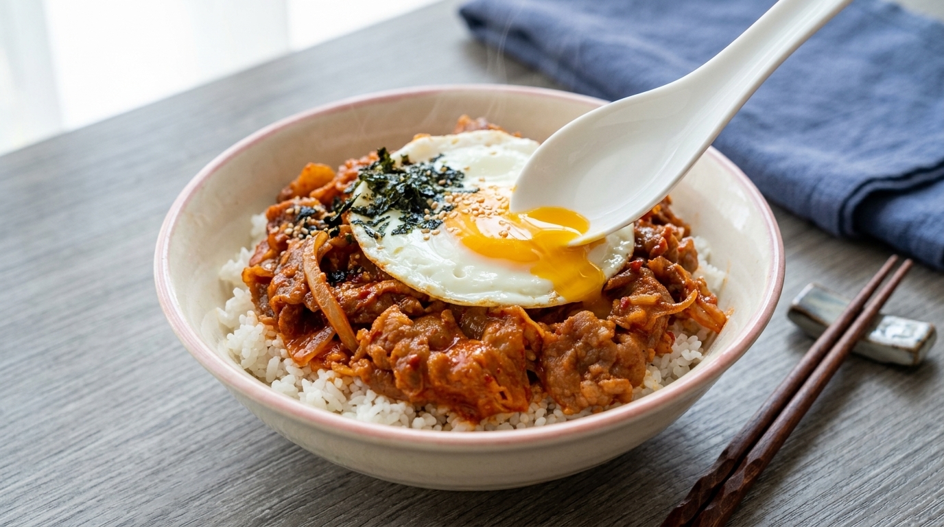 윤기가 흐르는 반숙 달걀 프라이와 고소한 김가루를 얹은 먹음직스러운 김치 소고기 덮밥.