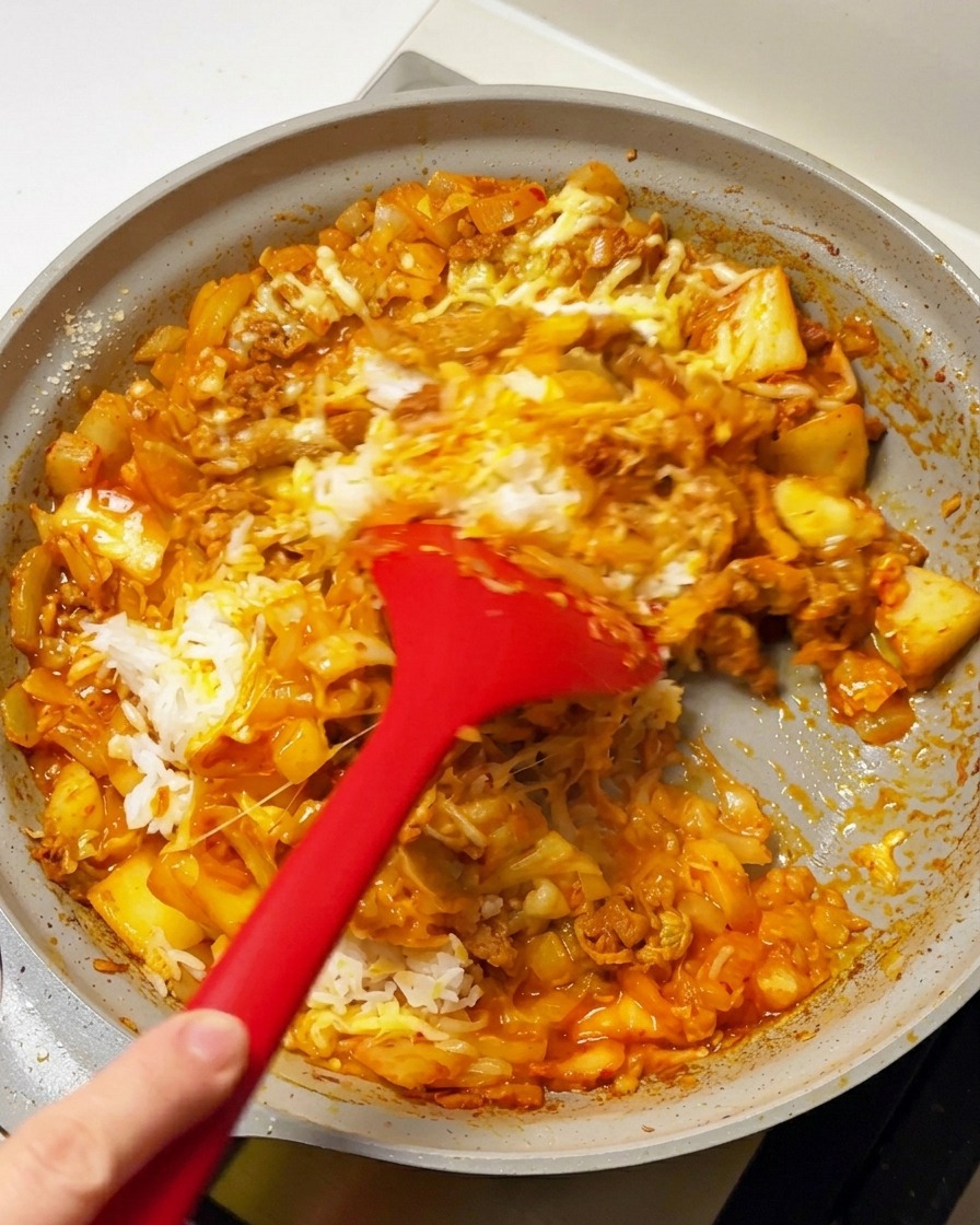 붉은 양념과 치즈, 밥이 잘 섞이도록 주걱으로 볶는 장면.