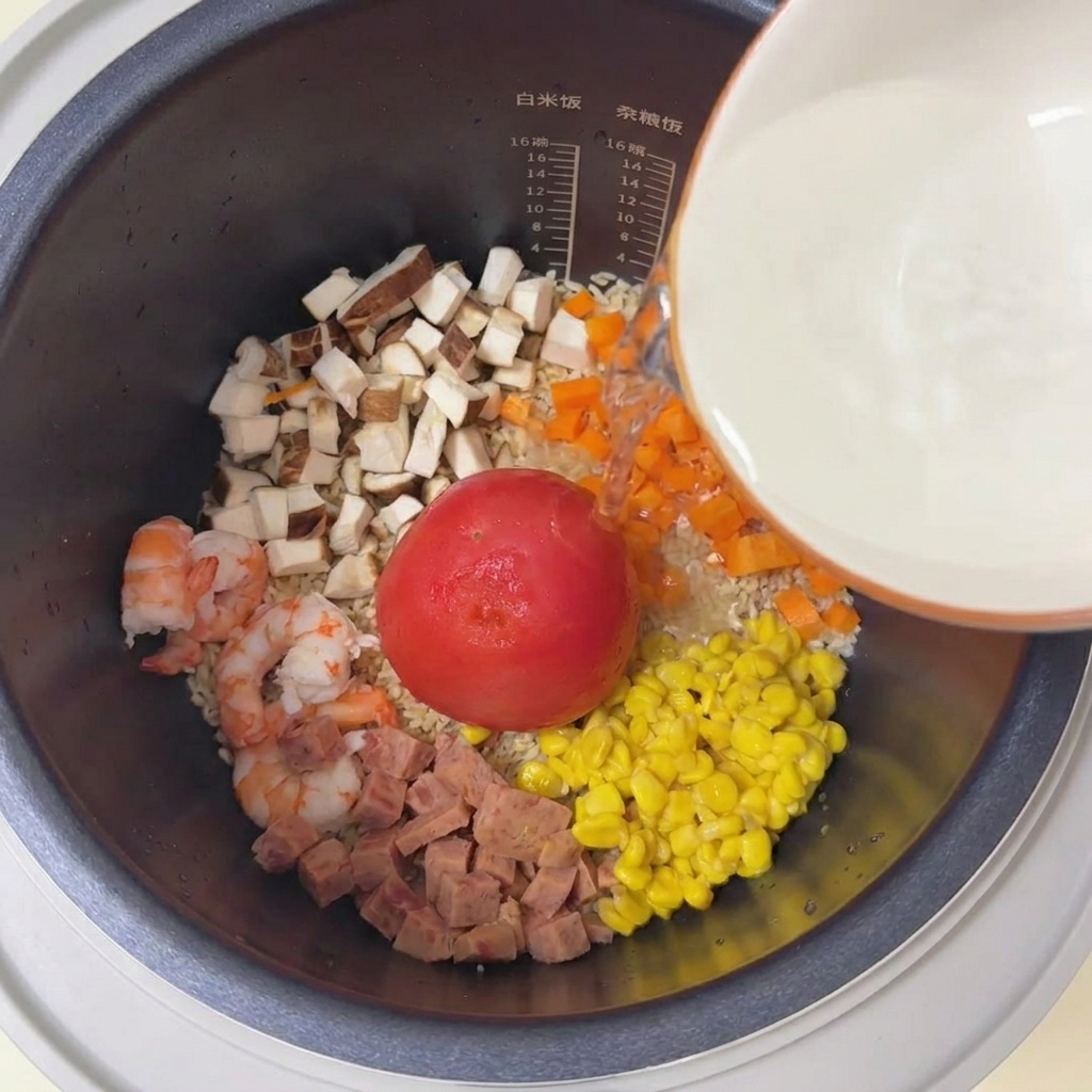 밥솥 정중앙에 놓인 껍질 벗긴 빨간 토마토와 그 주변의 알록달록한 재료들.