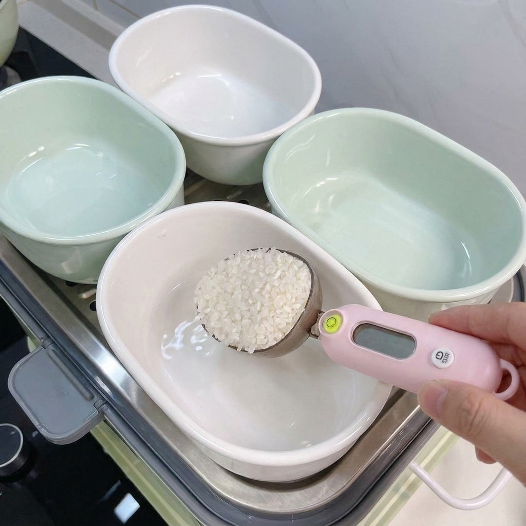 분홍색 디지털 계량 스푼으로 흰 쌀을 찜기용 세라믹 볼에 담는 모습.