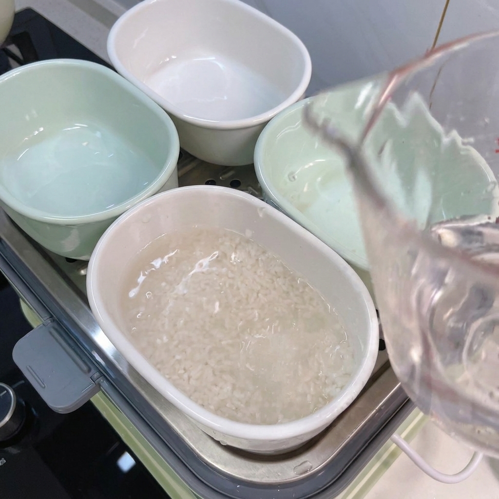 쌀이 담긴 볼에 계량컵으로 물을 붓는 모습.