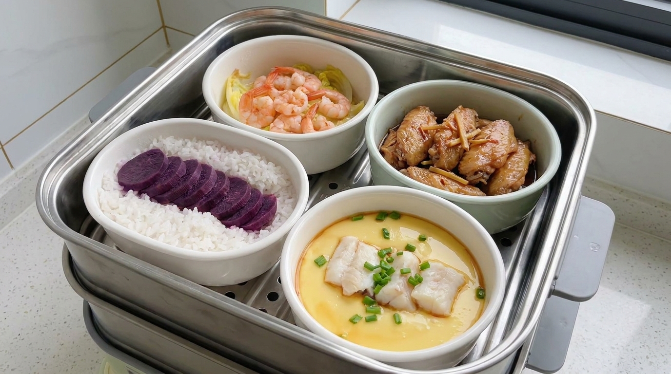 데리야끼 닭날개와 대구 달걀찜을 곁들인 원팬 찜 요리 정식