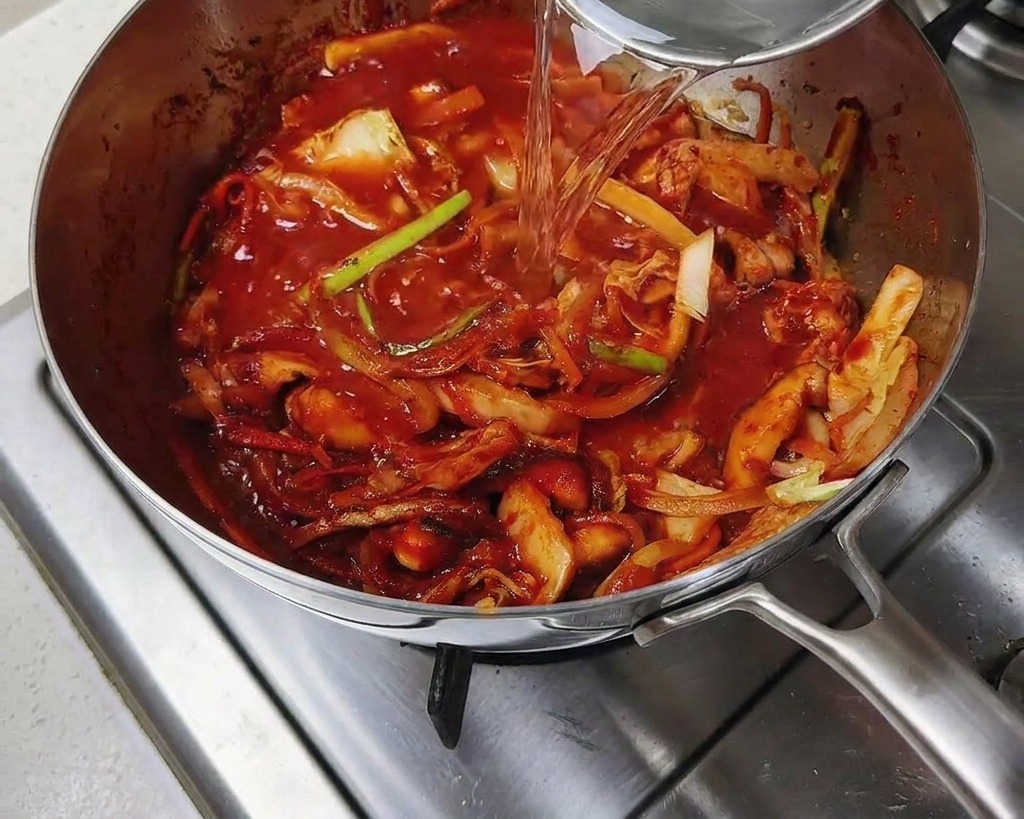 냄비에 물을 붓는 모습