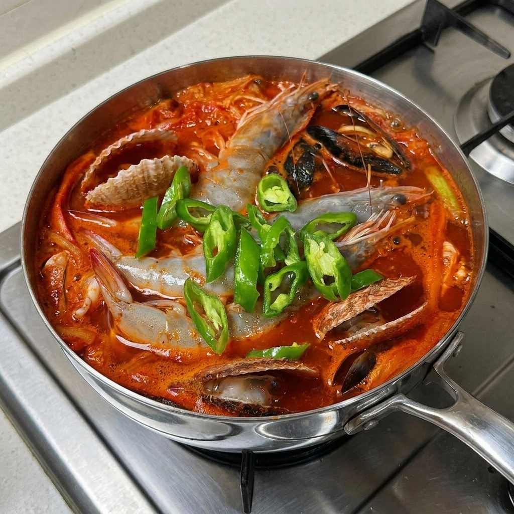 끓는 짬뽕 위에 청양고추를 뿌리는 모습