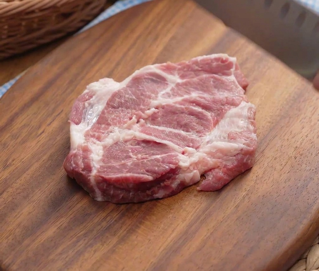 나무 도마 위에서 칼등으로 돼지고기 목살을 두드려 연육하는 모습.