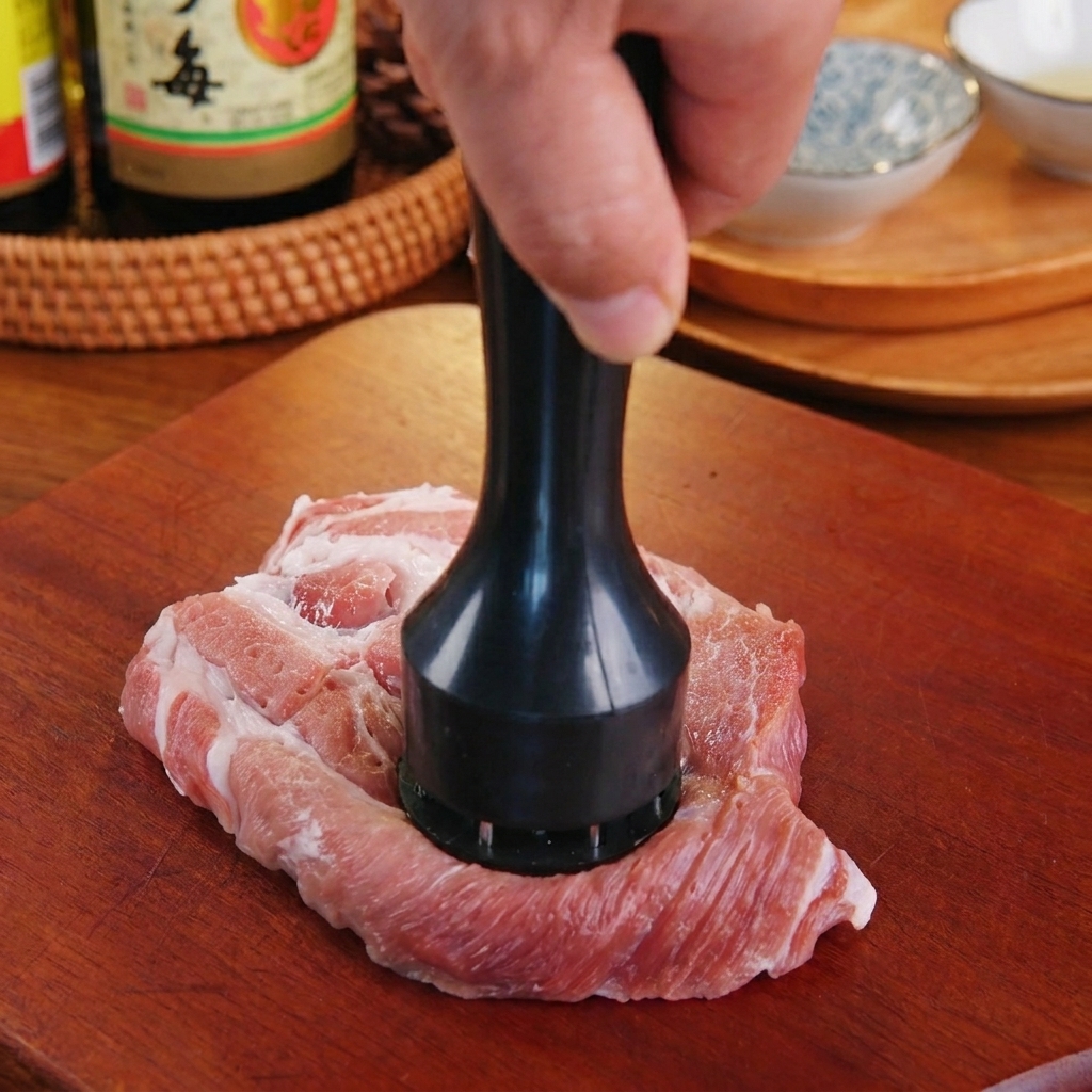 나무 도마 위에서 육류용 망치로 돼지 목살을 두드려 부드럽게 만드는 모습