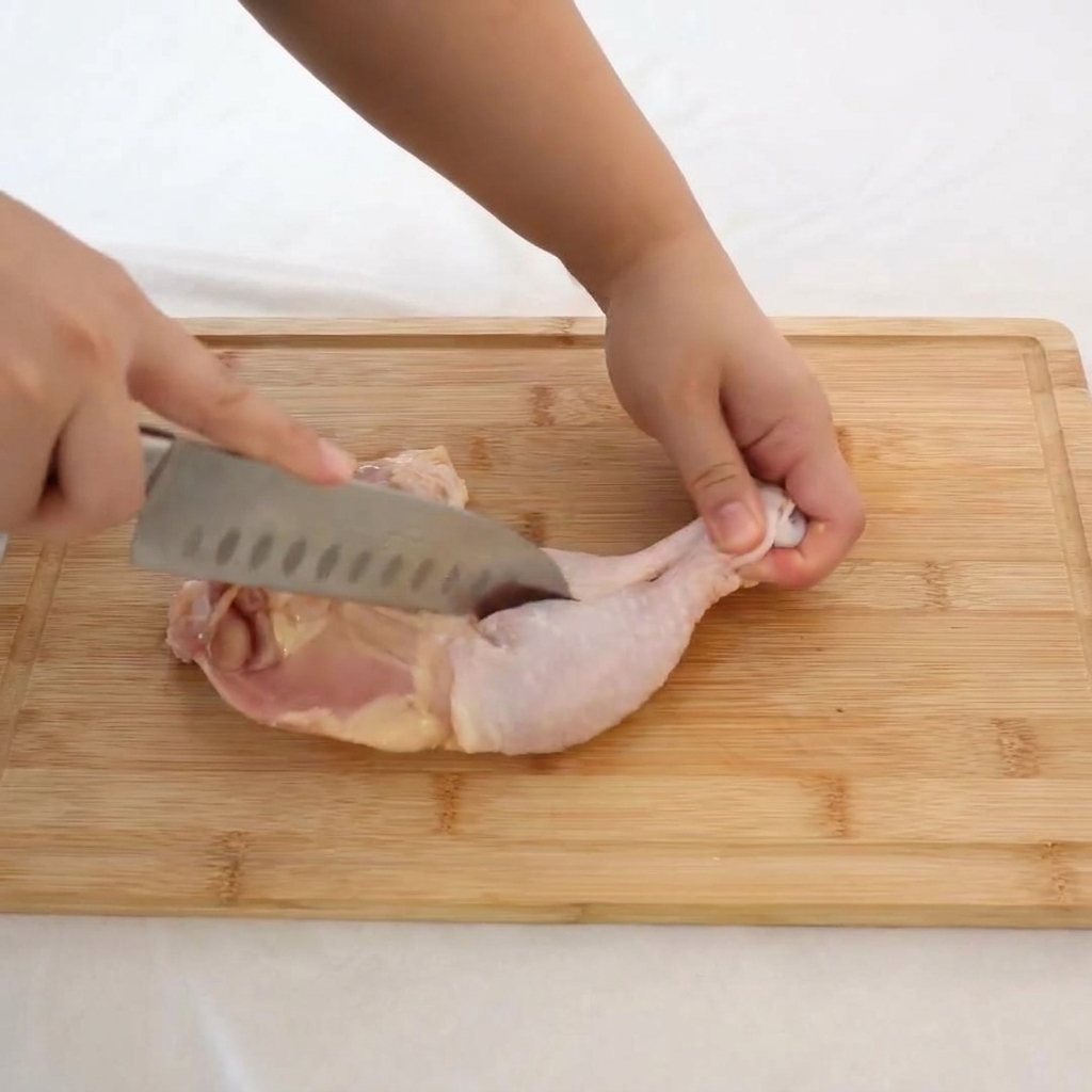 도마 위에 놓인 생 닭다리살에서 날카로운 칼을 사용해 조심스럽게 중앙 뼈를 제거하는 모습.
