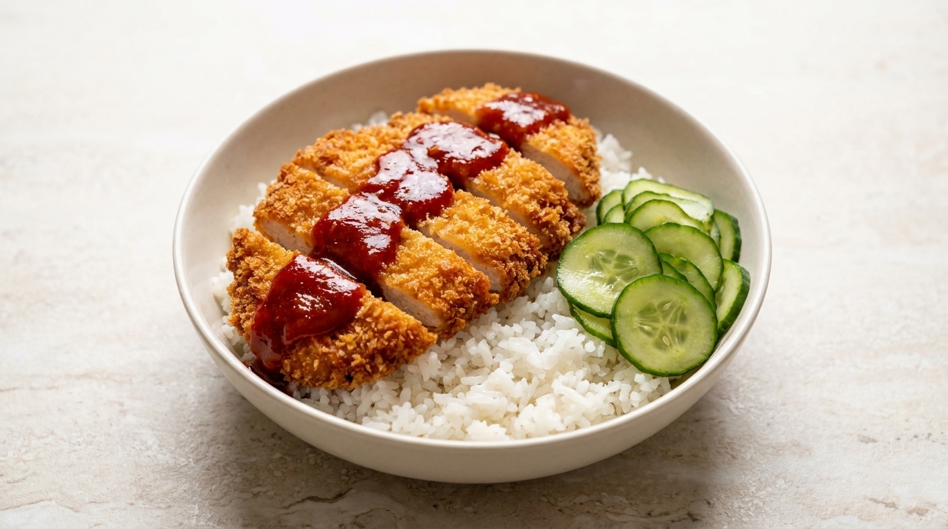 매콤한 소스를 곁들인 황금빛 치킨카츠 덮밥