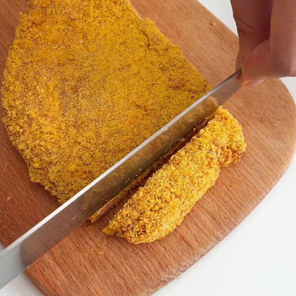 바삭하게 구워진 치킨 가츠를 도마 위에서 칼로 일정하게 써는 모습.