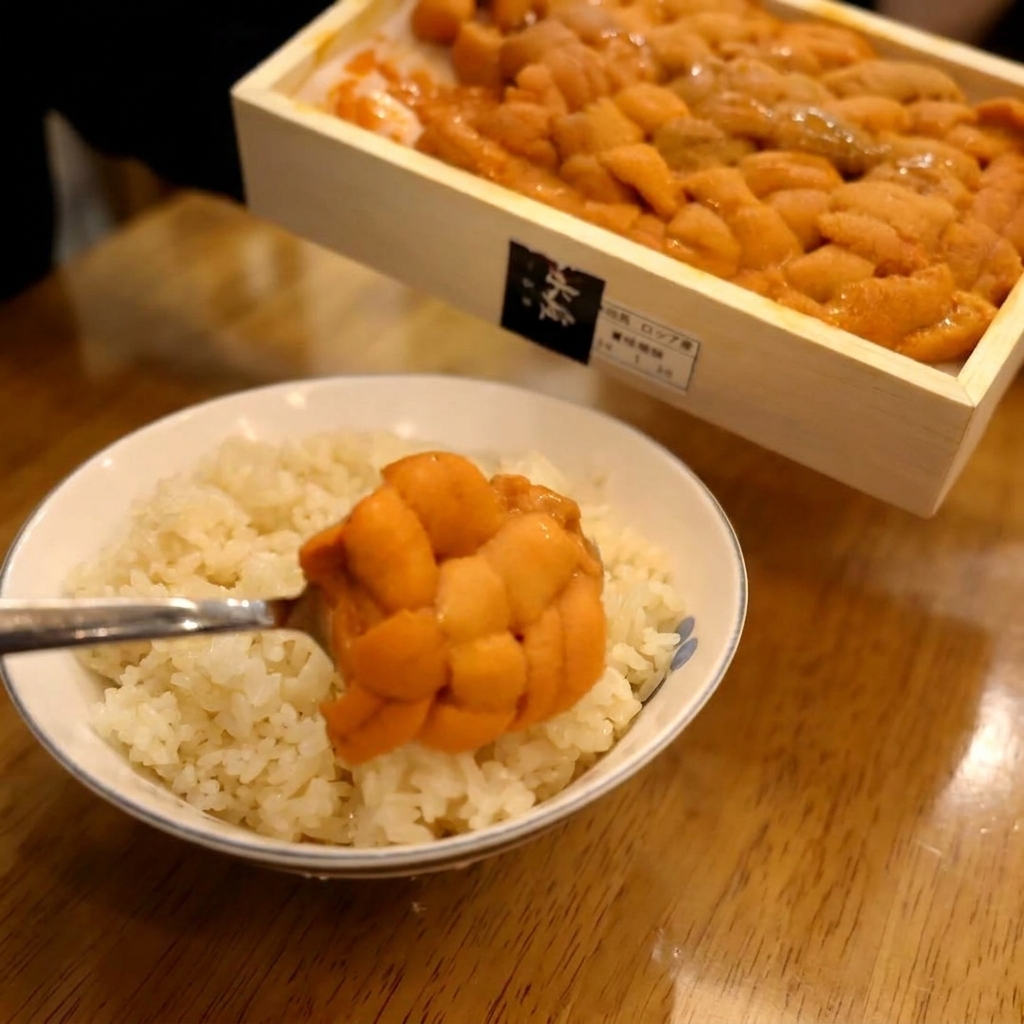 양념된 밥 위에 오렌지색 성게알과 붉은 연어알을 숟가락으로 조심스럽게 올리고 옆에 라임을 곁들인 모습.
