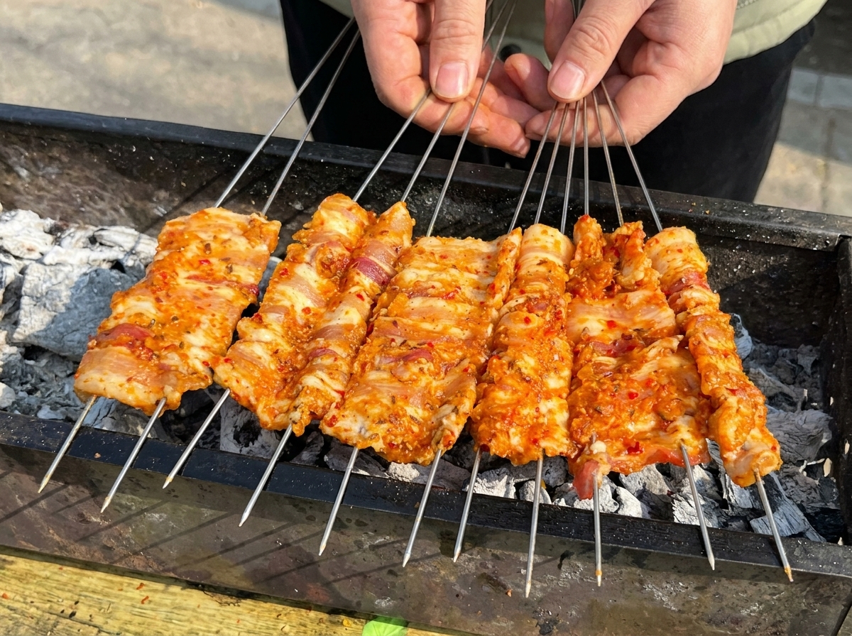 숯불 그릴 위에 가지런히 놓인 삼겹살 꼬치들.