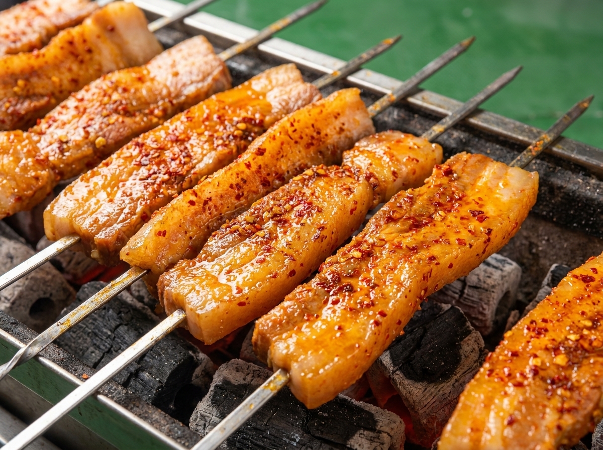 노릇하고 바삭하게 구워진 면이 보이도록 뒤집힌 꼬치들.