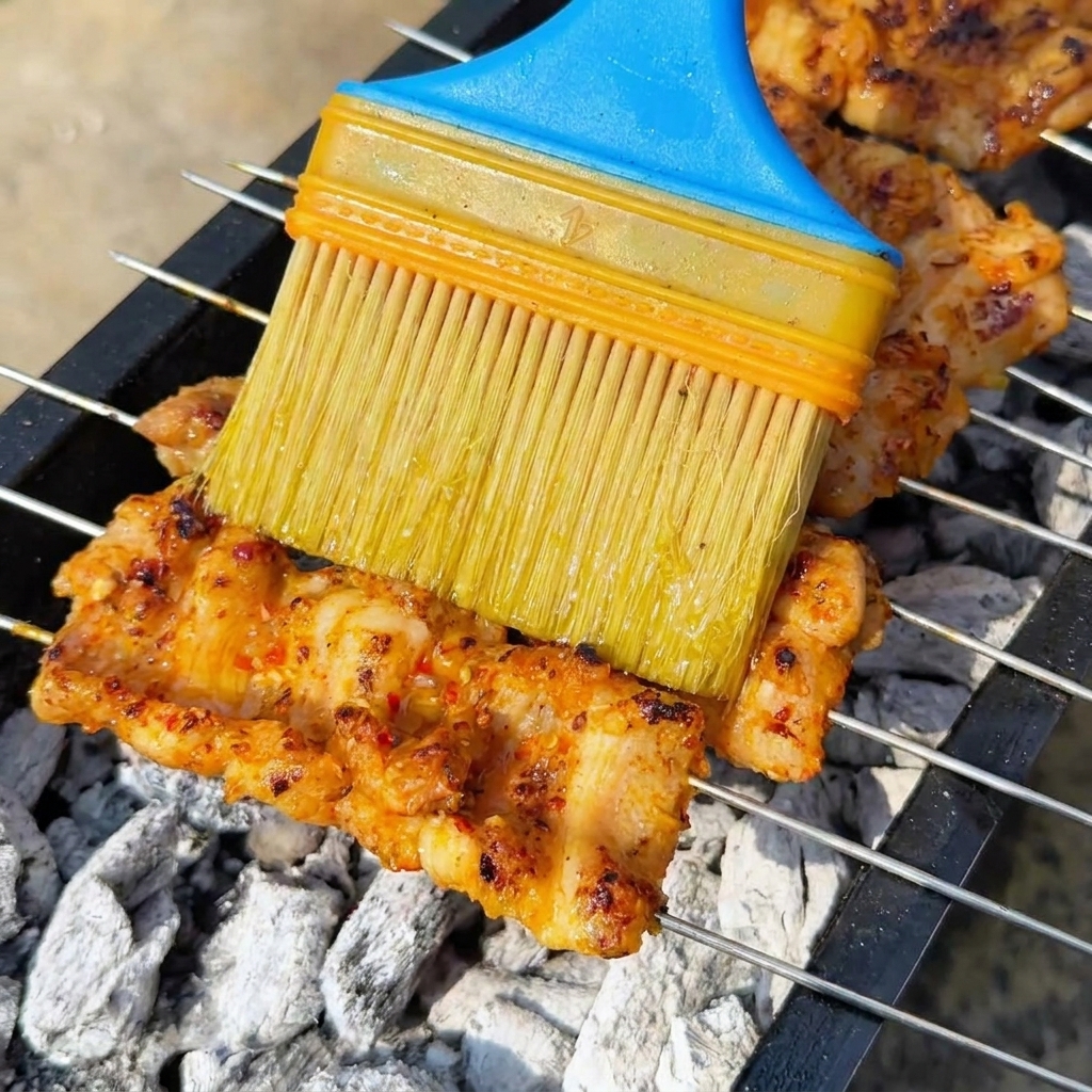 지글거리는 꼬치 표면에 붓으로 식용유를 얇게 펴 바르는 모습.