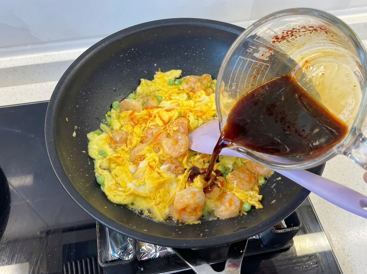 팬 안의 재료들 위로 진한 색의 소스를 붓는 모습